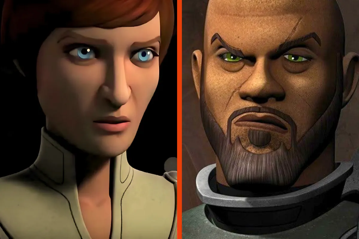 Side-by-side images of Mon Mothma and Saw Gerrera from Star Wars Rebels, illustrating their ideological conflict within the Rebellion.