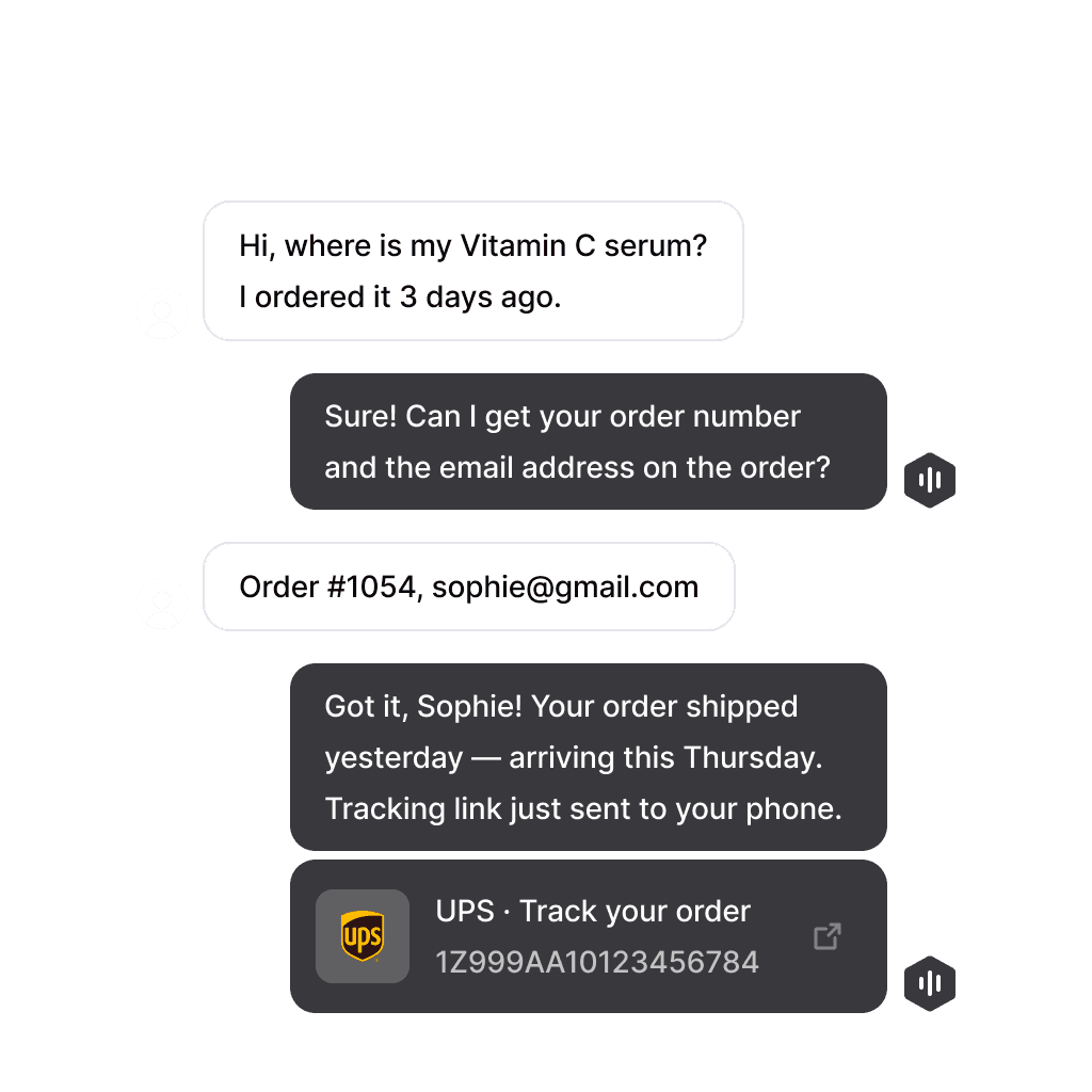 A Consio AI voice agent conversation where a customer is authenticated by order number and email, then receives a real-time shipping update and a UPS tracking link sent directly to their phone.