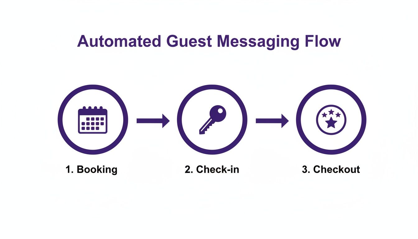 Flowchart showing an automated guest messaging process for booking, check-in, and checkout.