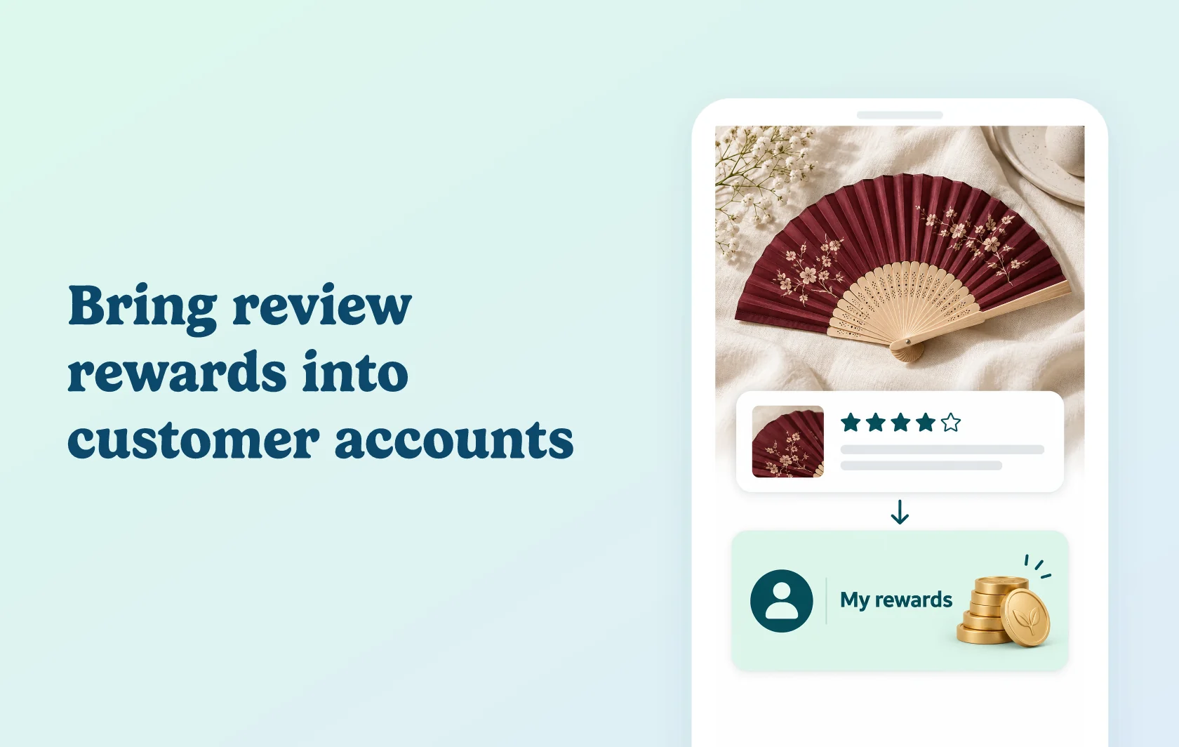 Judge.me and Froonze integration: illustration of a folding-fan photo review above an anonymous customer account reward card inside a phone.