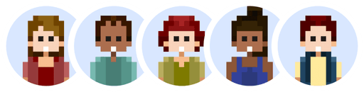 Pixel profile pictures of five people, each framed in circular borders.