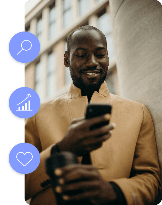 2 photos layered slightly on top of eachother. One shows a stylish man looking at his phone. The other image shows a marketing team discussing information that is layed out on the table in front of them.