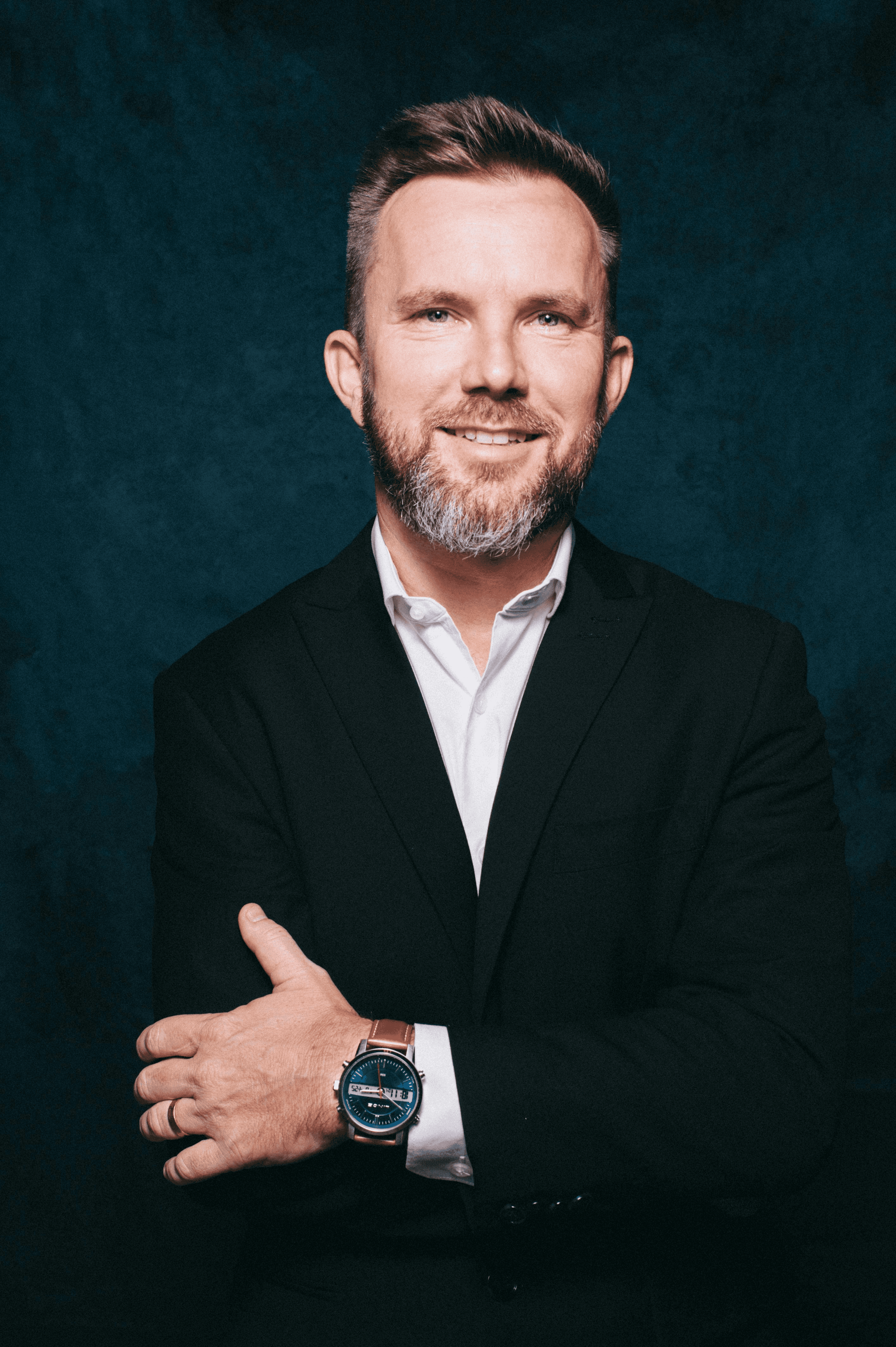 Confident CEO presenting strong numbers to board or investors