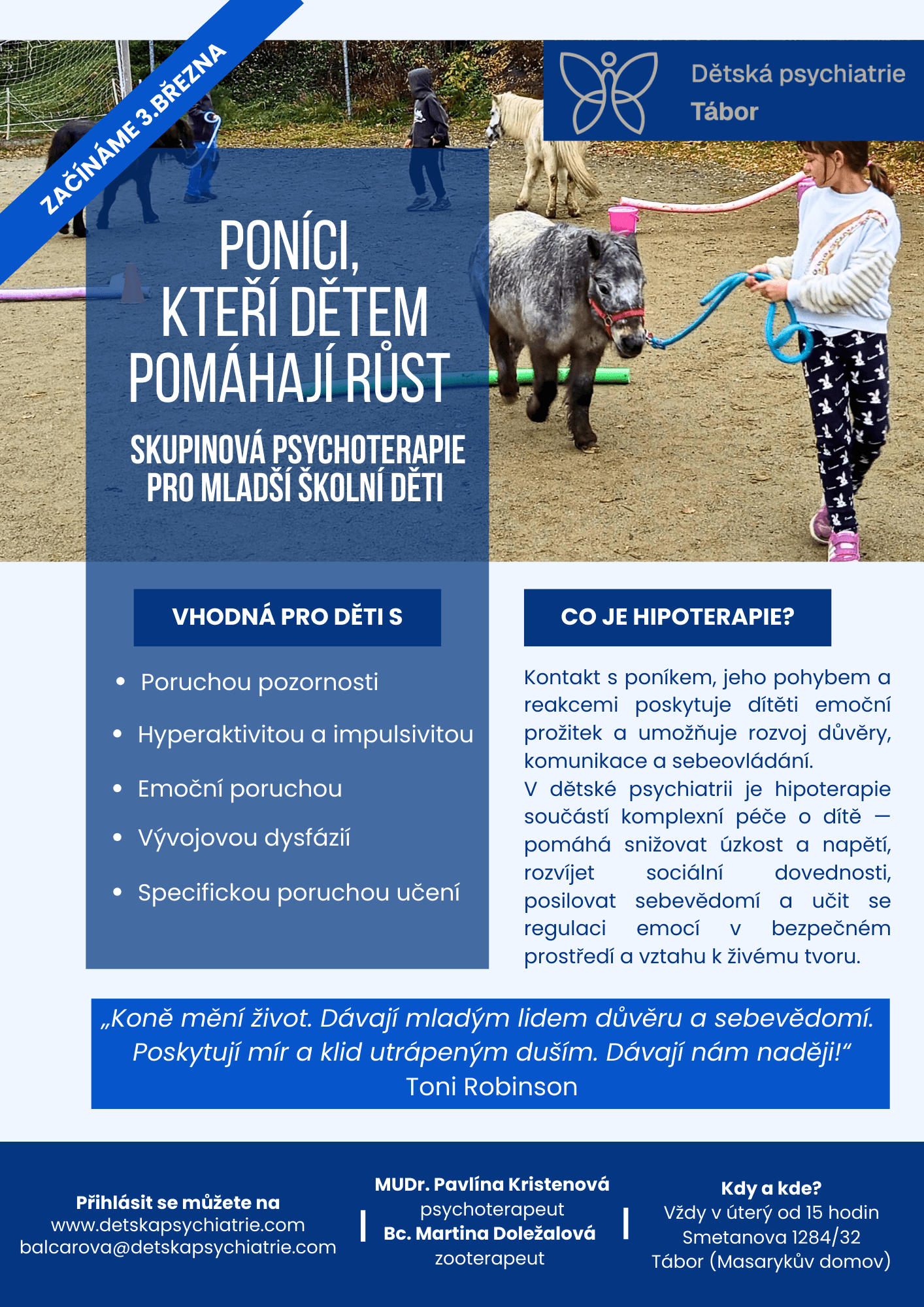 Skupinová hipoterapie s poníky pro mladší školní děti v Táboře – děti při terapeutické práci s poníky na venkovním hřišti. Program Dětské psychiatrie Tábor zaměřený na rozvoj pozornosti, seberegulace, emocí a sociálních dovedností u dětí s ADHD, emočními obtížemi a specifickými poruchami učení.