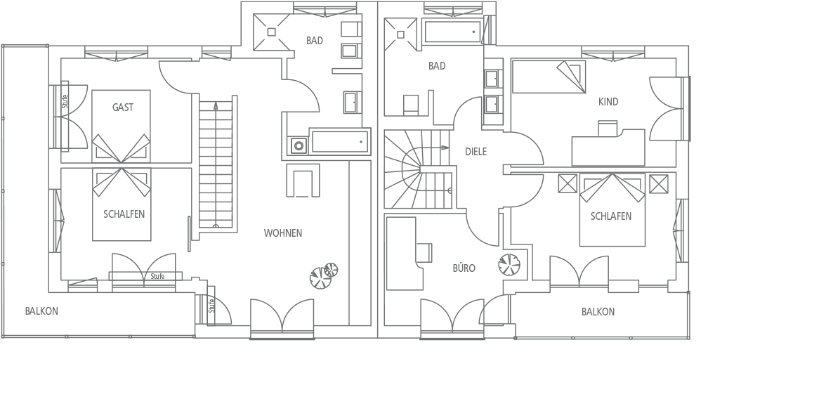 Grundriss einer Etage mit Wohn-, Schlaf-, Gästezimmern, Bädern, Büros und Balkonen.