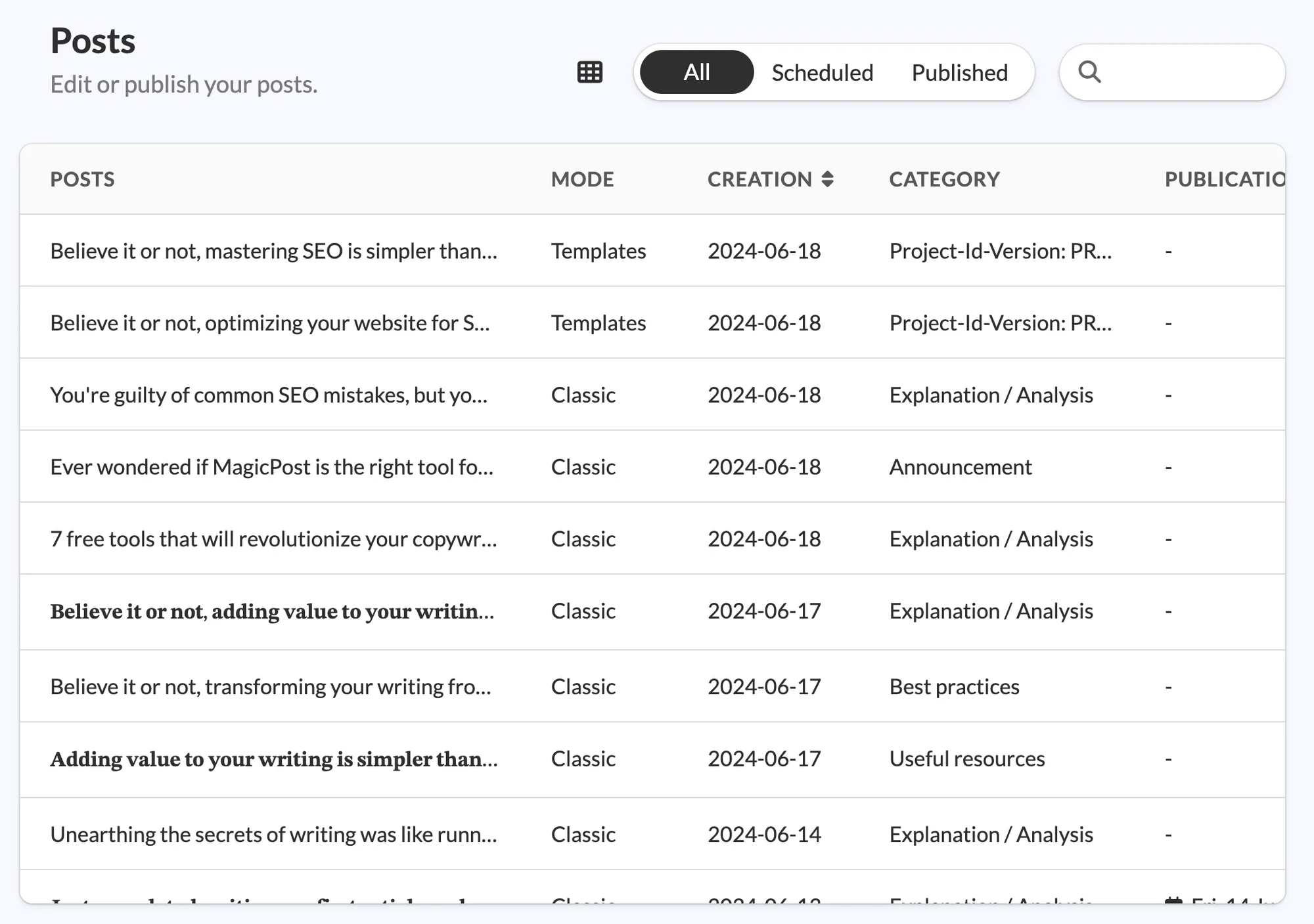 MagicPost posts dashboard showing scheduled and published LinkedIn posts with creation date, category, and publication status