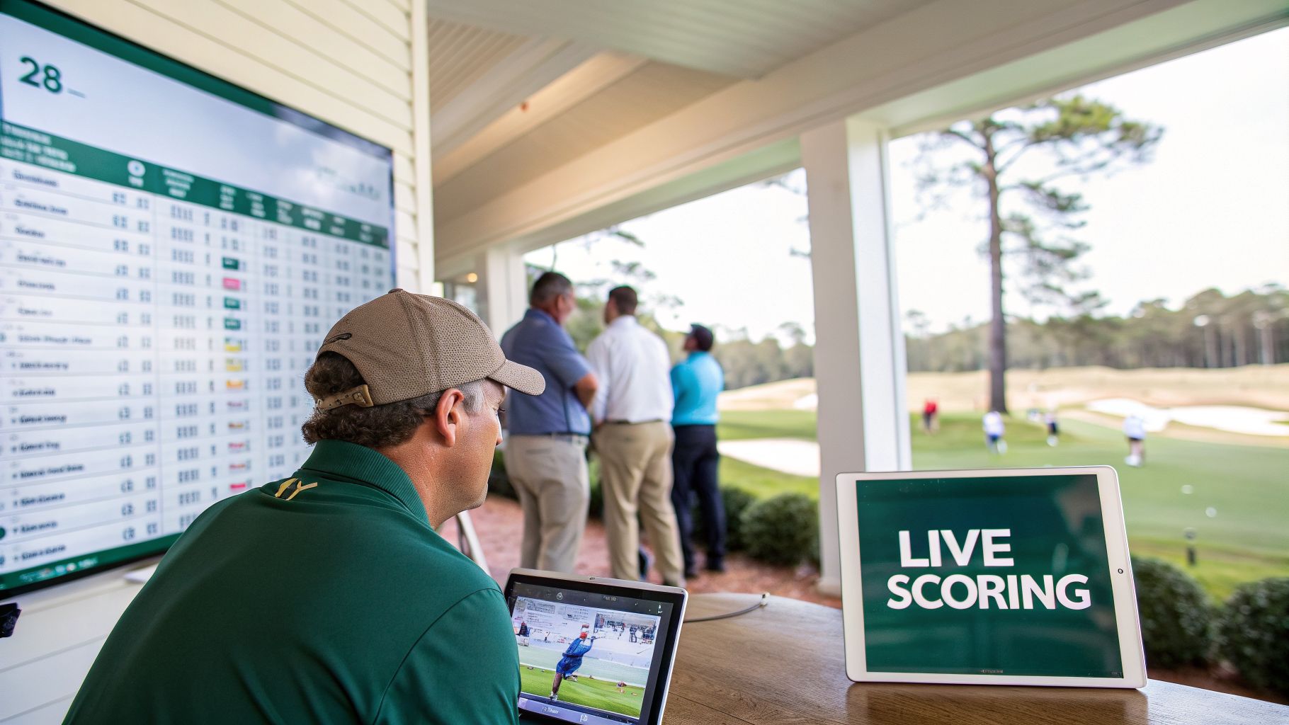 A man watches a large digital golf scoreboard, a live golf video on a laptop, and a tablet displaying 