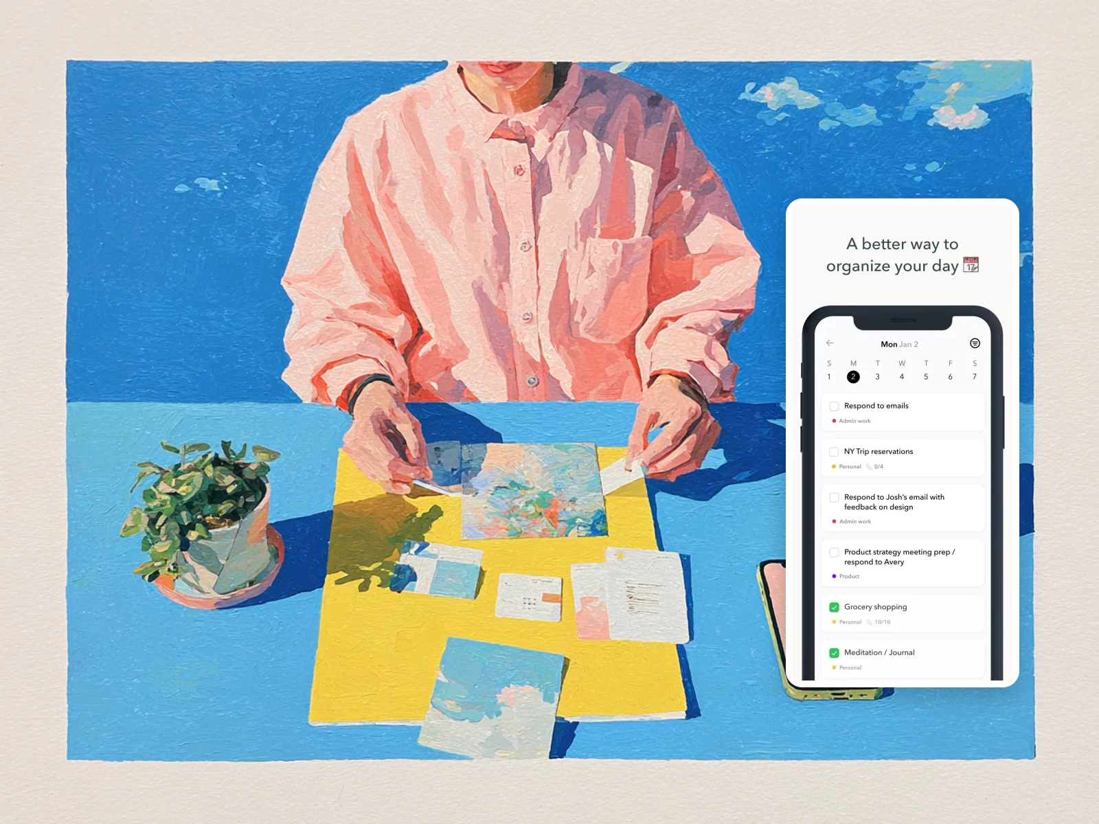 A hand sorts an appointment, task, reminder, and note beside an Ellie day plan on an iPhone.
