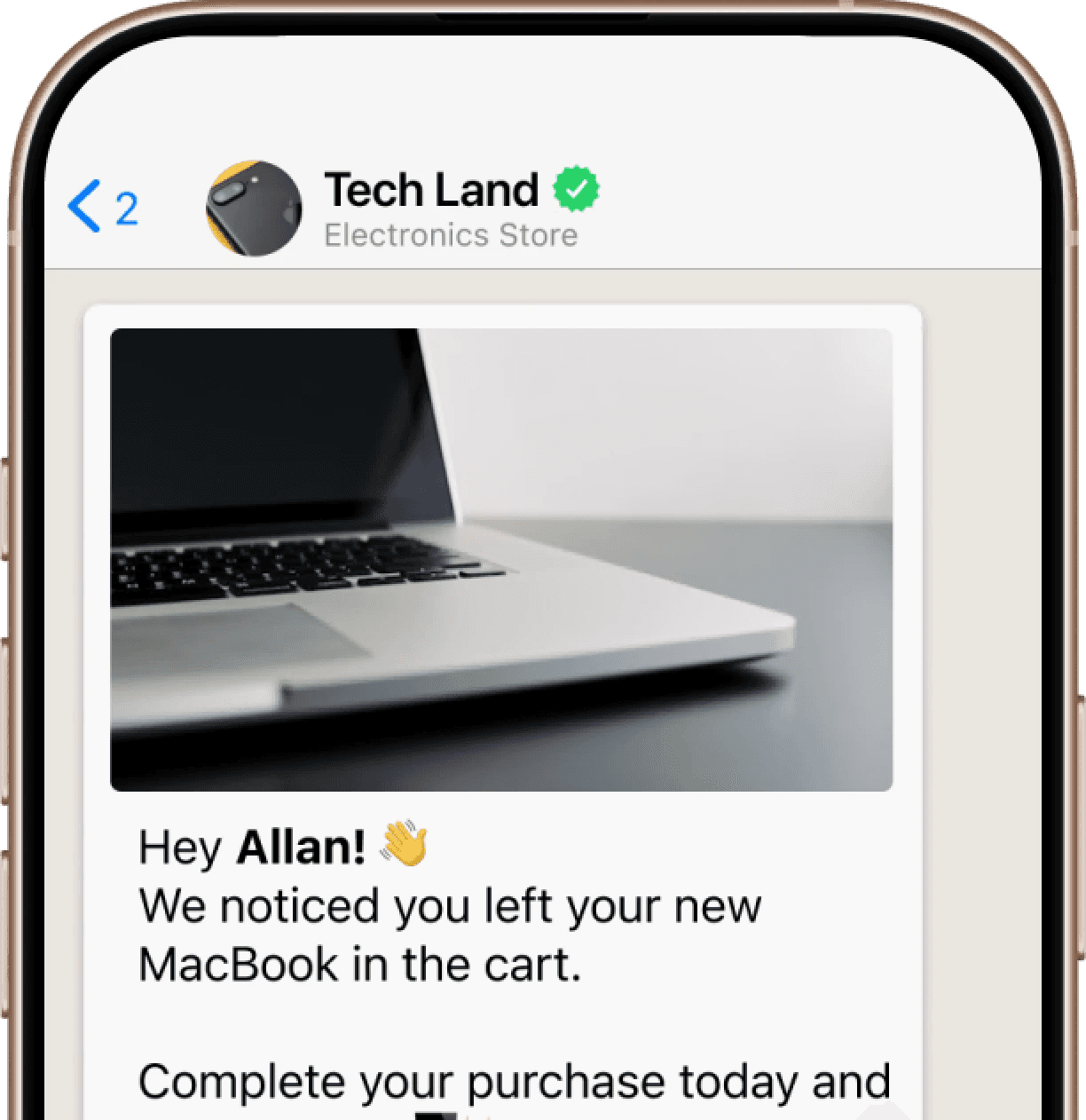 Phone screen with use case example of abandoned carts in WhatsApp