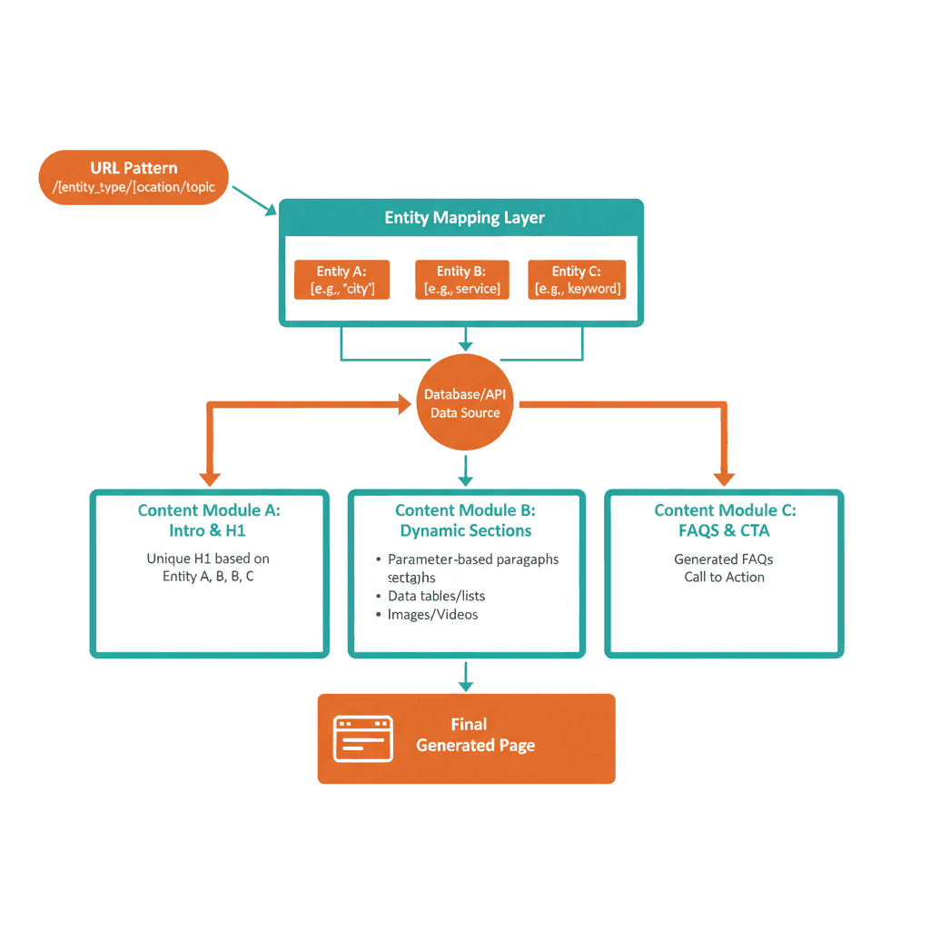 Programmatic SEO template architecture diagram showing URL structure and entity mapping