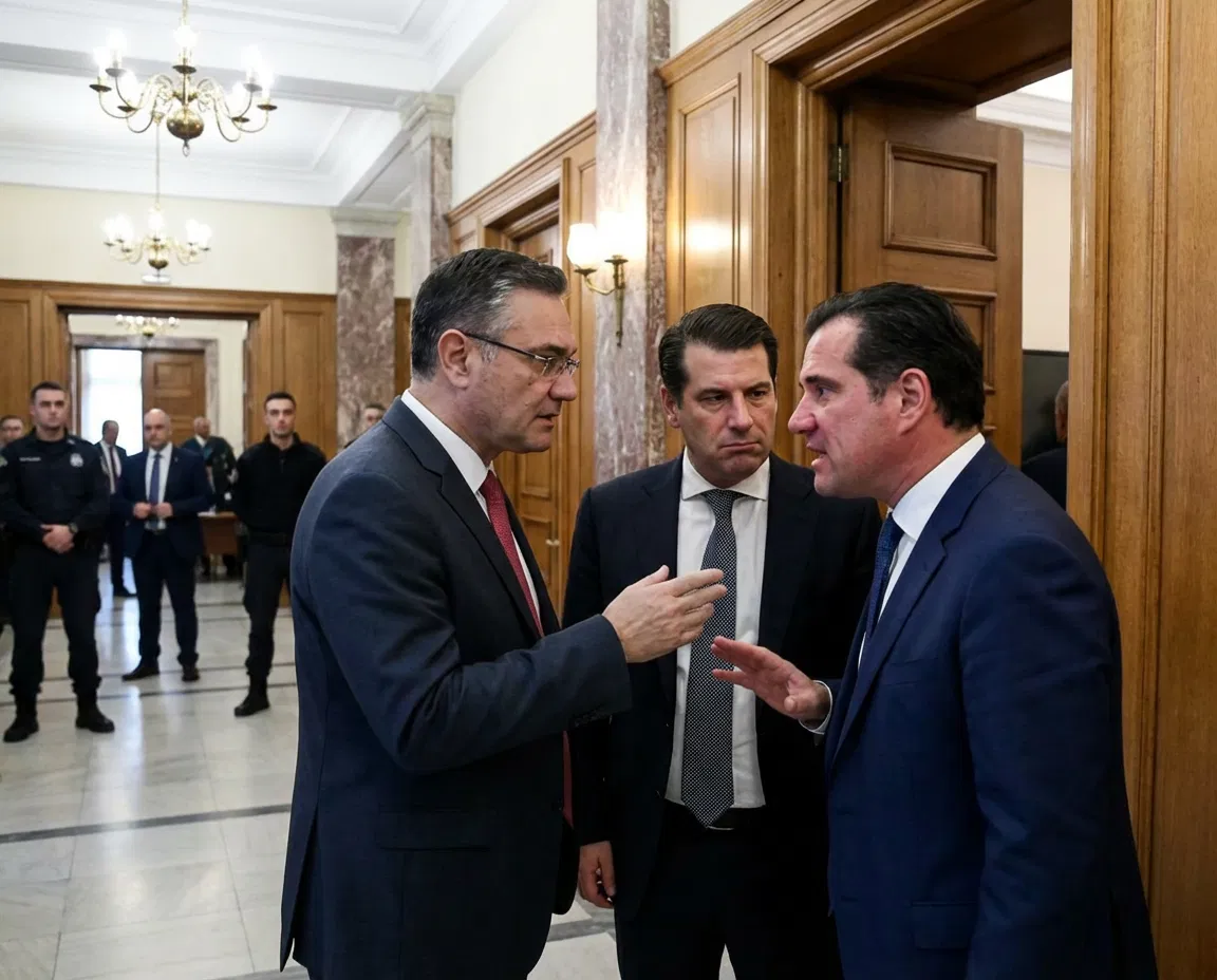 Dimitris Mantzos alongside Adonis Georgiadis and Thanos Plevris in a tense political setting.