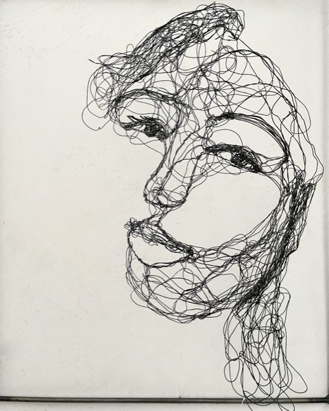 Sculpture en fil de fer représentant le visage d'une femme dans un cadre en fil de fer, vue détaillée de côté avec son ombre projeté sur le mur