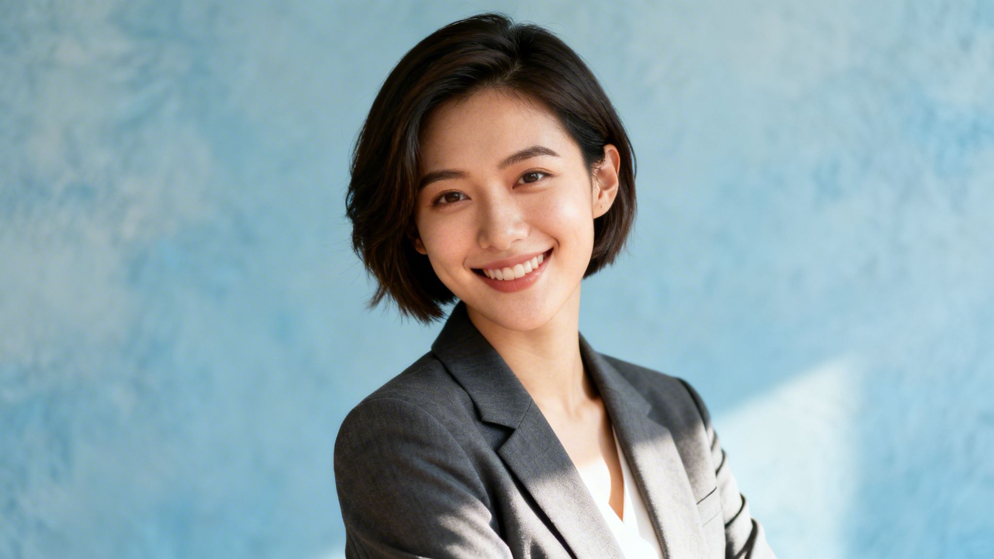 Junge, lächelnde asiatische Frau mit kurzen dunklen Haaren in grauem Blazer vor blauem Hintergrund.
