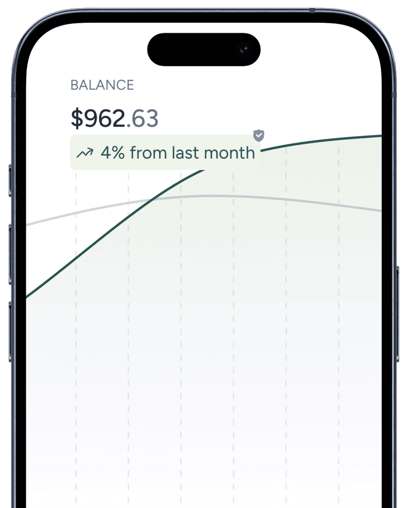 A close-up of a smartphone screen displaying a mobile app with a line graph and signal strength indicator of financial savings. A workplace motivation strategy.