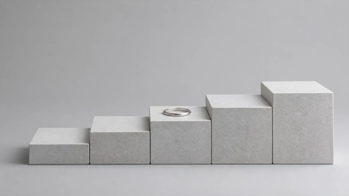 Five pale-grey stone steps with a plain silver ring resting on the middle step