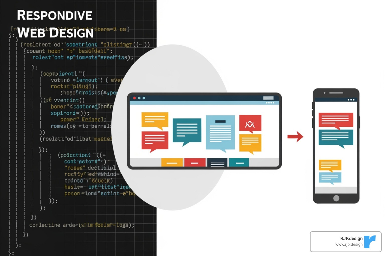 Code snippet showing a CSS media query for a max-width of 768px, changing a flex-direction to column, and an image showing the layout change from horizontal to vertical stacking - application responsive design