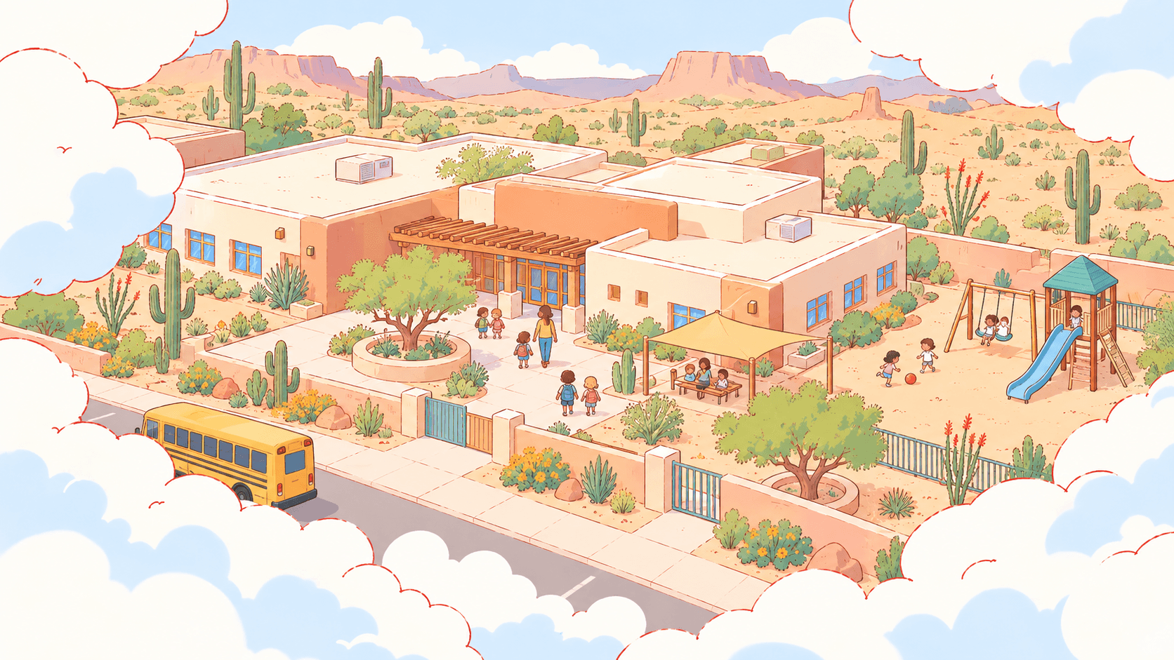 an illustrated image of a child care center with children approaching the door and playing in the gated playground, in an environment filled with desert and cacti