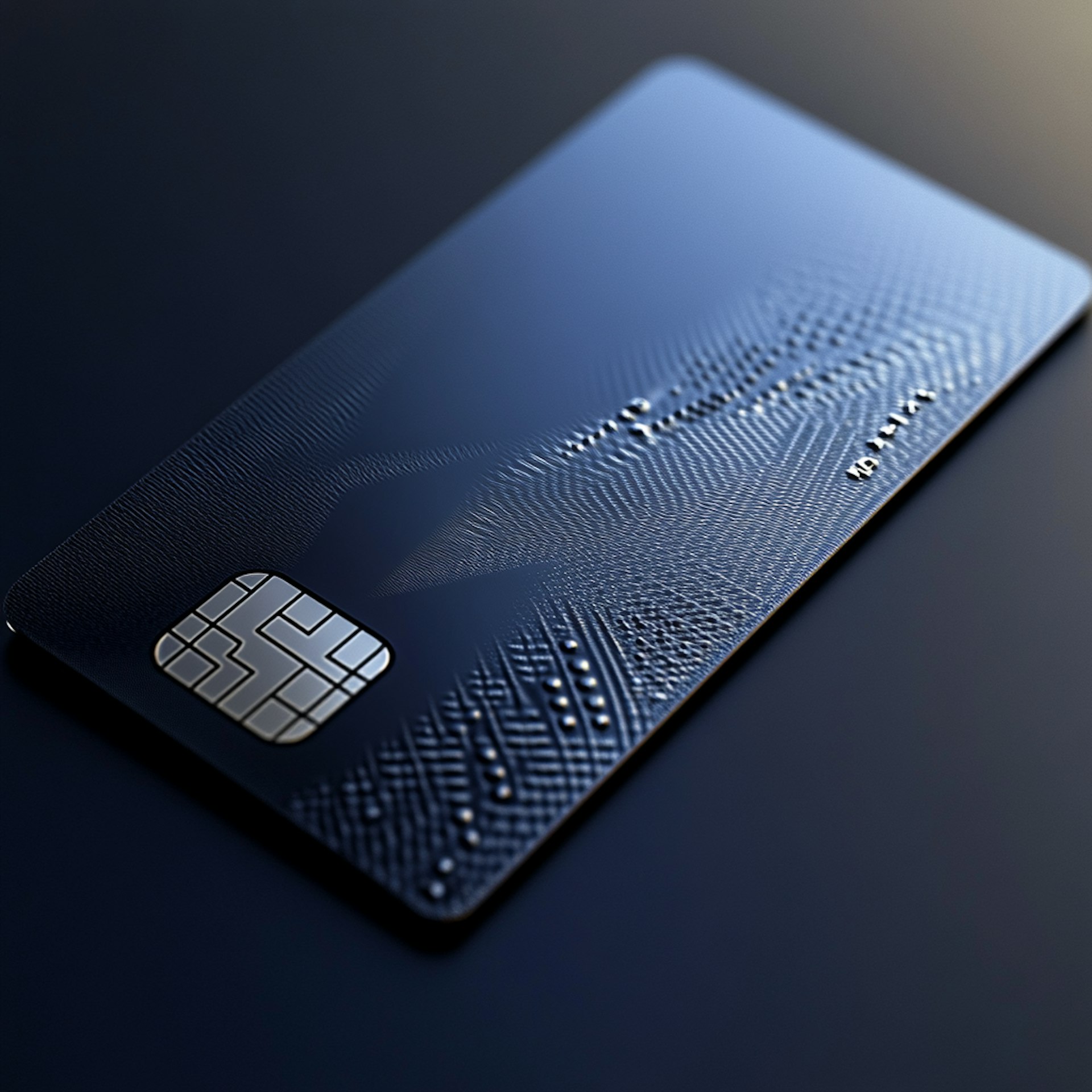 The image displays a close-up of a sophisticated credit card, emphasizing a modern and sleek design. The card is primarily navy blue with a gradient effect that fades into black towards the edges, providing a sense of depth and luxury.