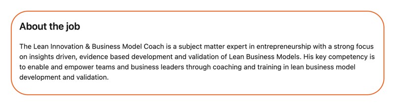 Lean Innovation and Business Model Coach job description focused on coaching and training teams