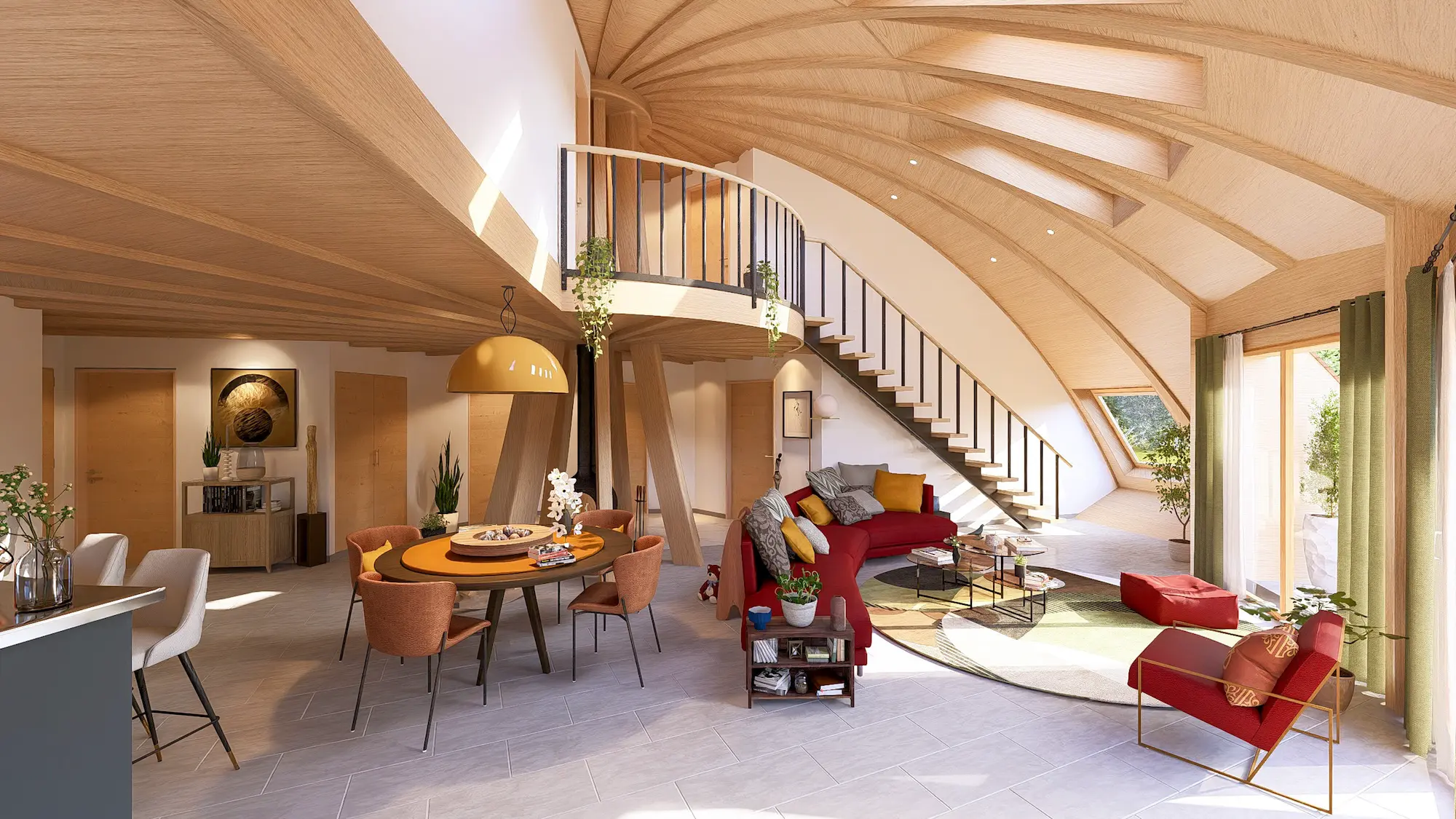 Magnifique pièce à vivre d'un Domespace avec hauts plafonds.