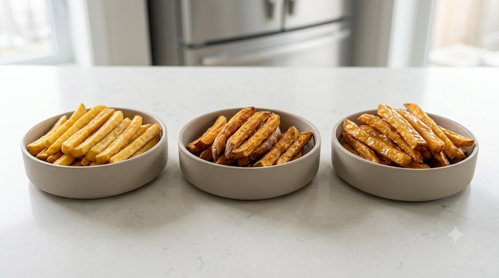 A professional food comparison photo showing three artisanal bowls of sweet potato fries on a marble counter: left, classic golden fries; center, rosemary and sea salt roasted; right, honey-glazed with sesame seeds. Kitchen background.