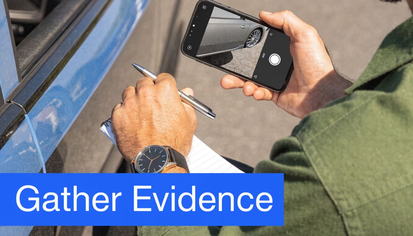 A person holding a smartphone to photograph car damage while taking notes on a notepad for evidence.