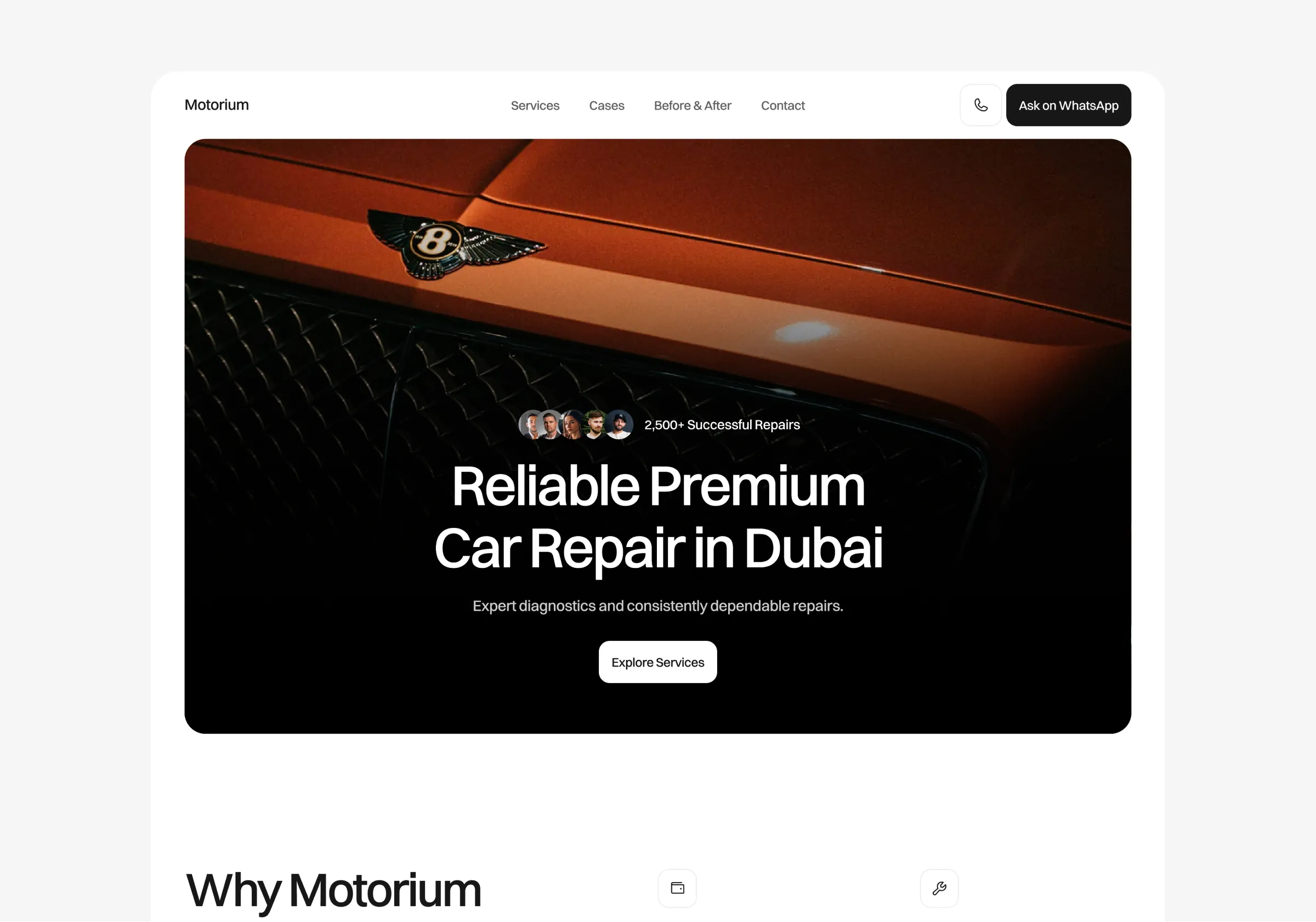 Car repair website template hero section with service booking call to action