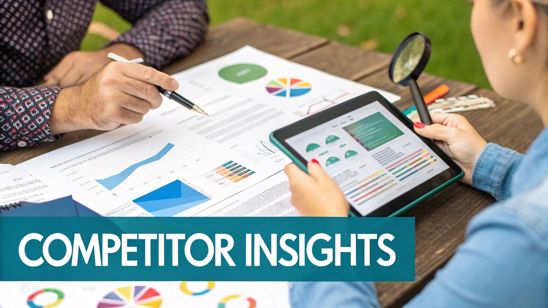 Two people analyzing competitor insights data with charts, graphs, a tablet, and magnifying glass outdoors.