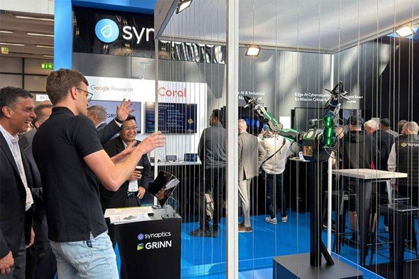 ENERZAi and GRINN exhibited a robotic arm and gripper at the Synaptics booth during Embedded World 2026.
