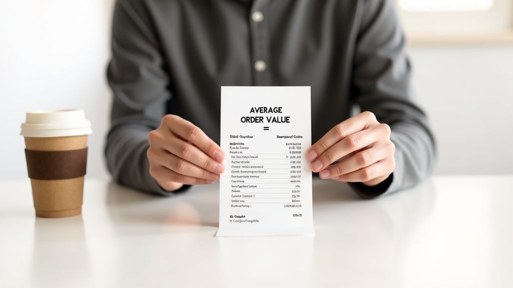 A person holds a document titled 'AVERAGE ORDER VALUE' on a white table next to a coffee cup.