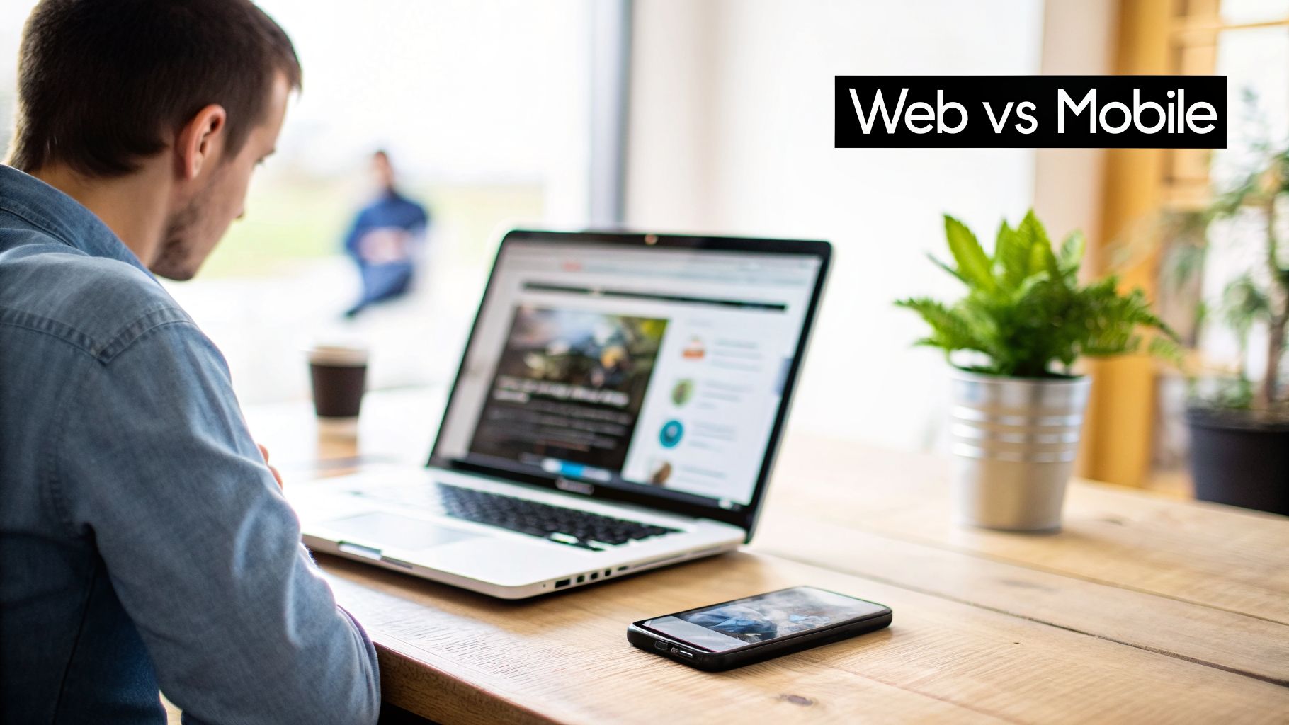 A person viewing a website on a laptop, with a smartphone next to it on a wooden desk.