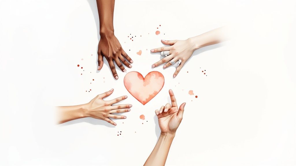 Four diverse hands of varying skin tones reach towards a central watercolor heart, symbolizing unity and love.