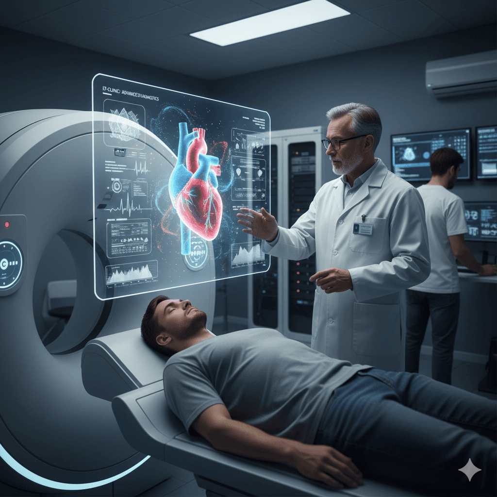 High-tech view of a medical console showing a detailed 3D holographic heart scan in a modern clinic or lab setting, emphasizing advanced diagnostic technology used by I7-Clinic doctors (men)