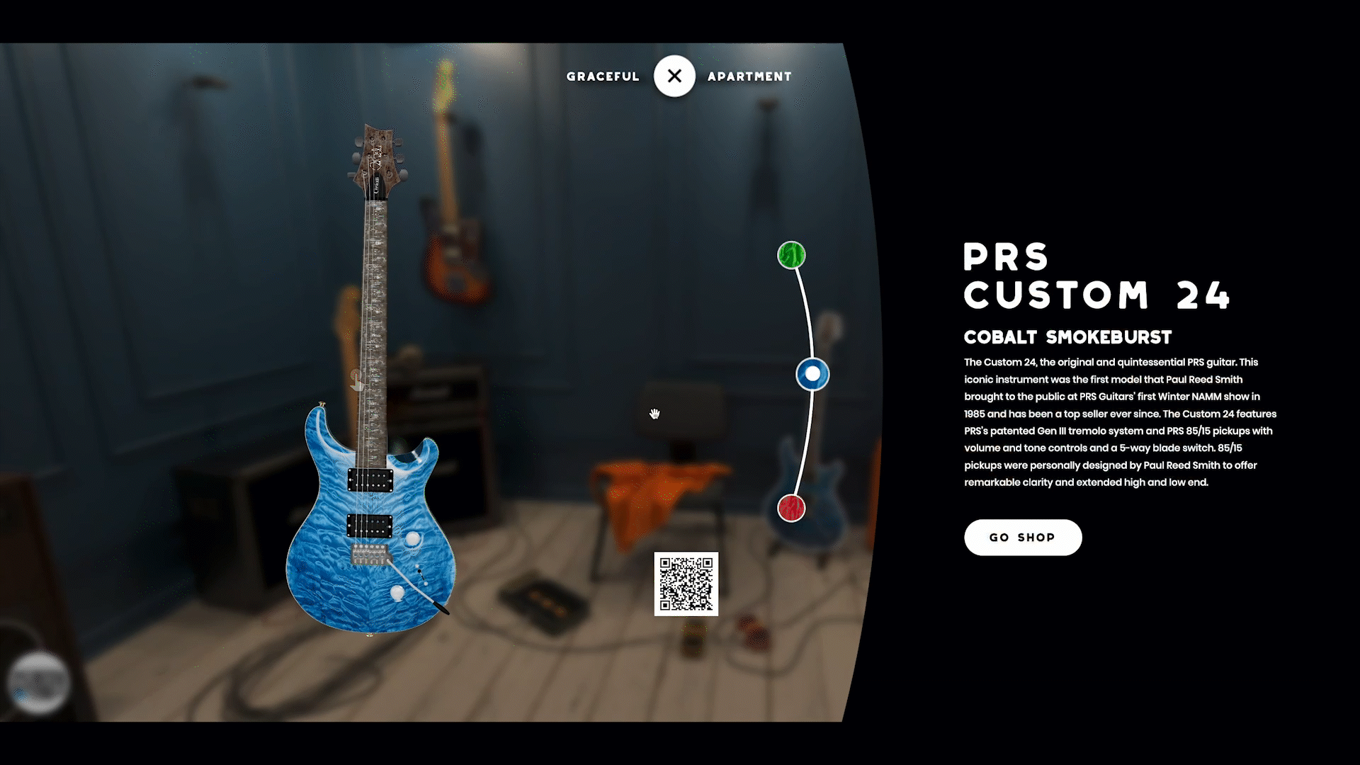 GIF showing a virtual studio with a guitar colour configurator