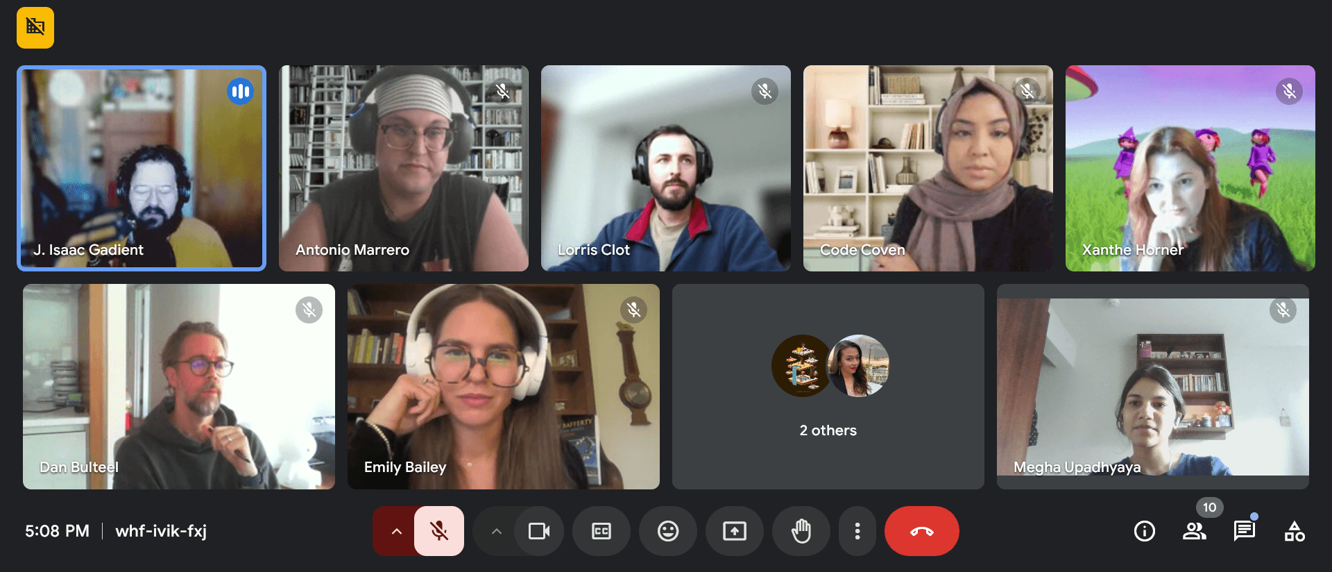 Virtual Code Coven meeting with gameplay testers and mentors discussing game development and usability feedback.