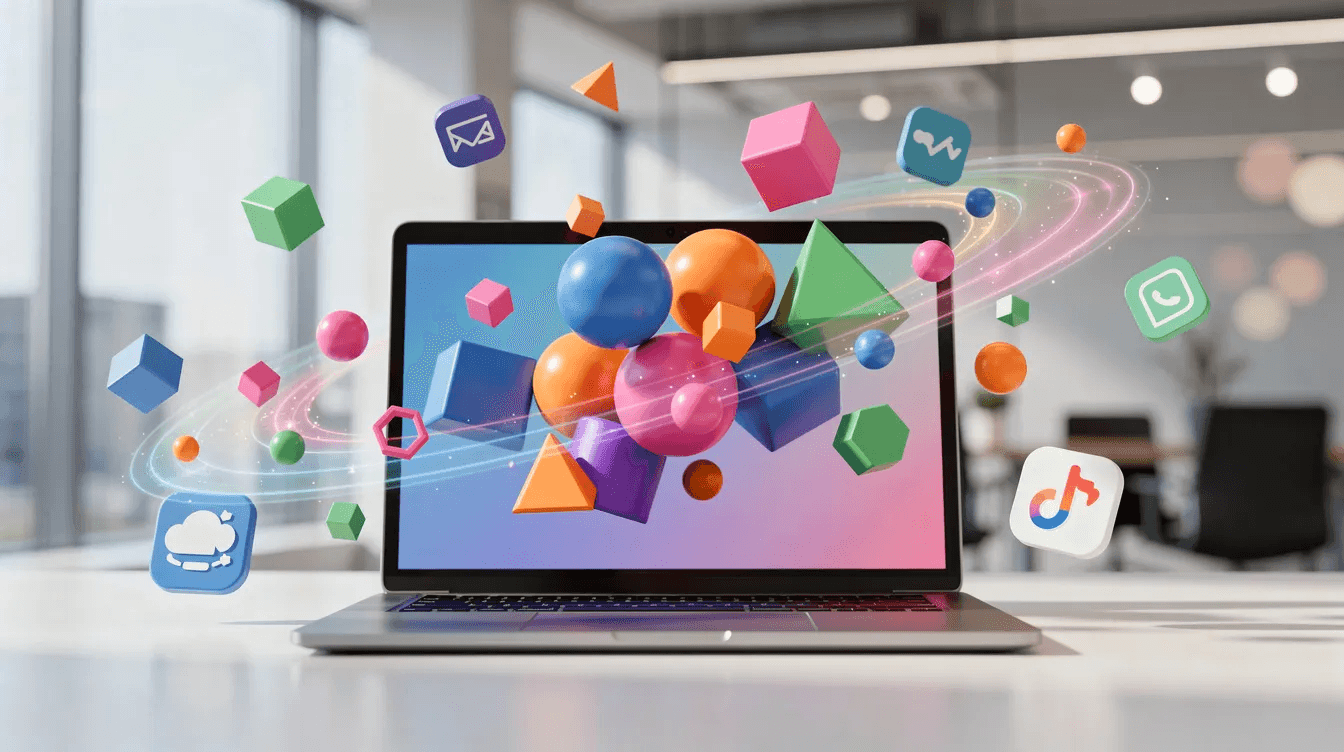 Une image animée montre des formes géométriques colorées et des icônes abstraites flottant autour de l'écran d'un ordinateur portable dans un bureau moderne. Cette scène évoque le motion design et l'e-learning, illustrant la créativité et l'innovation dans le domaine de la formation et de la communication visuelle.