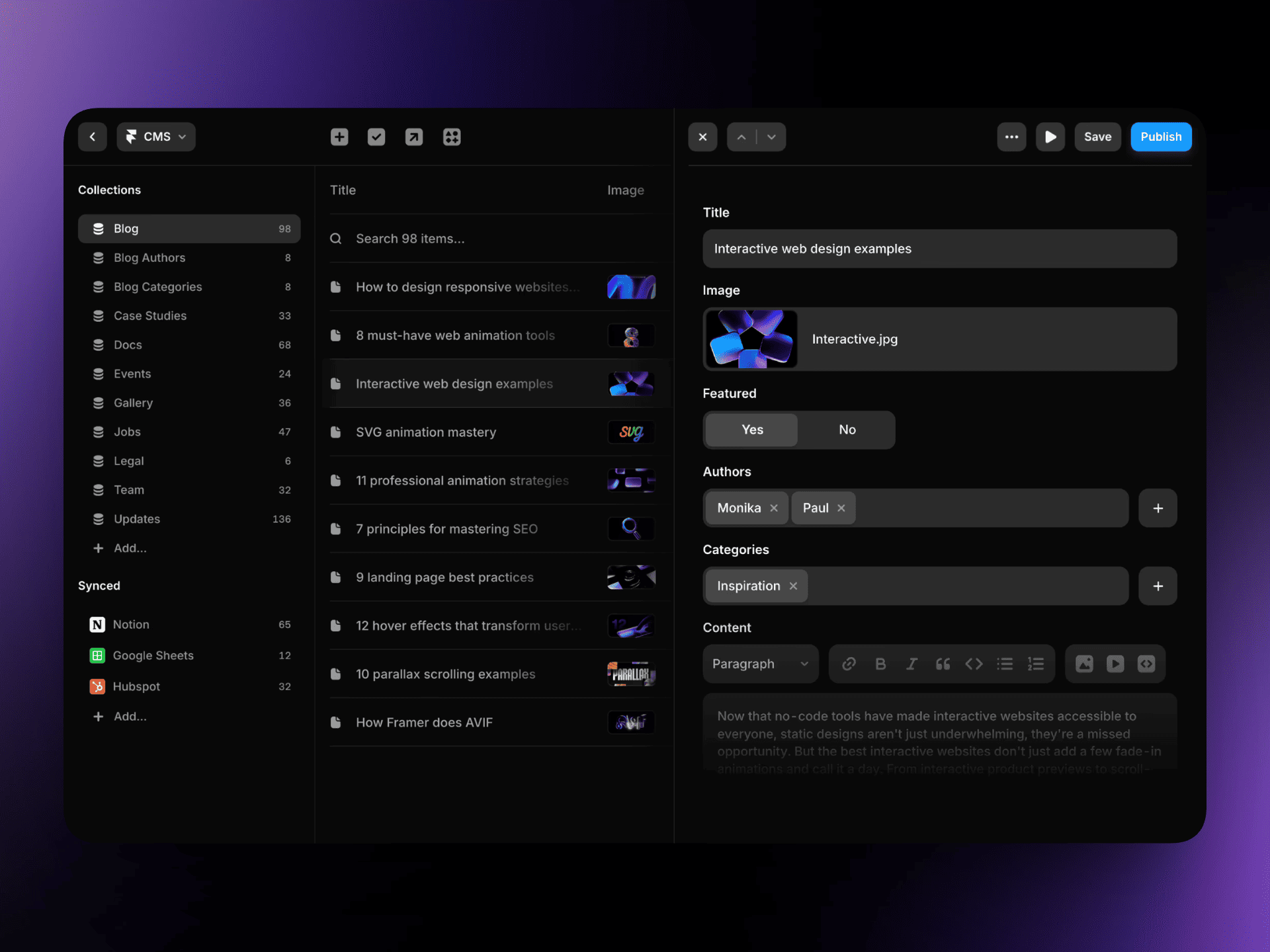 Ein Screenshot vom Framer CMS System
