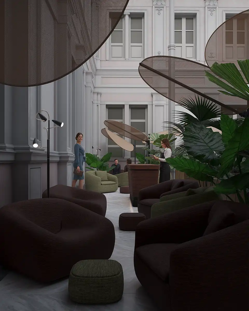 Elegant lounge with plush dark brown armchairs, large tropical plants, and view of historic courtyard. Luxury hotel or exclusive club interior design.