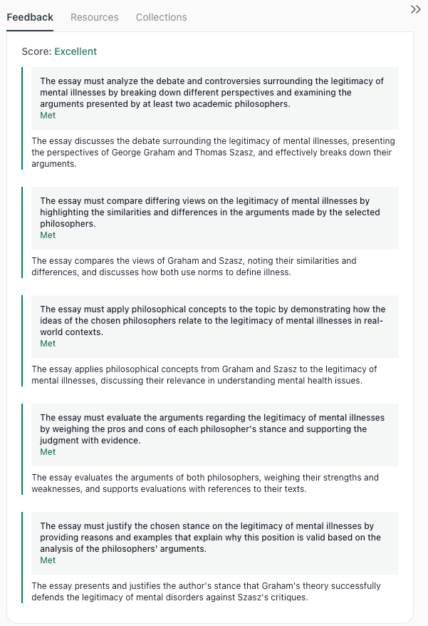 thesify rubric style feedback showing an excellent score for a philosophy essay that compares Graham and Szasz on the legitimacy of mental illnesses.
