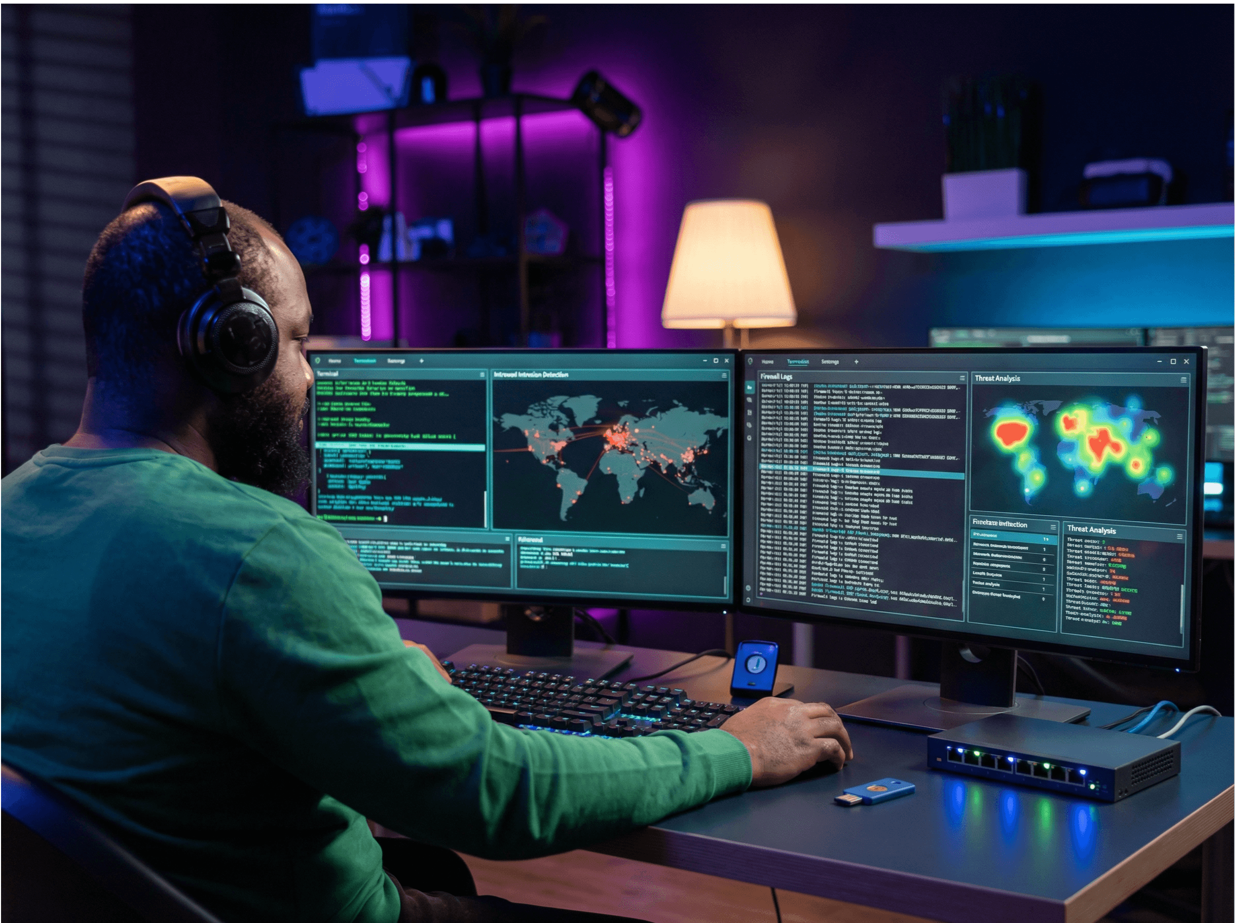 A person wearing headphones works at a music production station, surrounded by monitors displaying audio editing software, with colorful lighting and sound equipment creating a vibrant studio atmosphere.