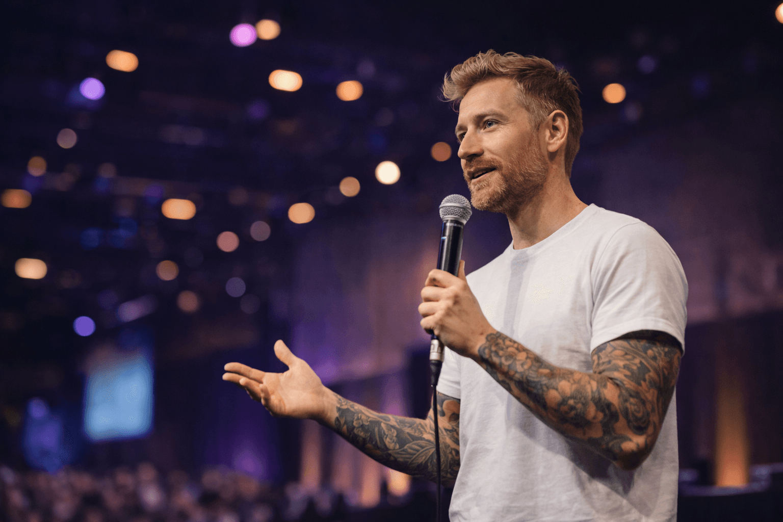 Man with tattoos speaking into a microphone on stage with blurred audience.