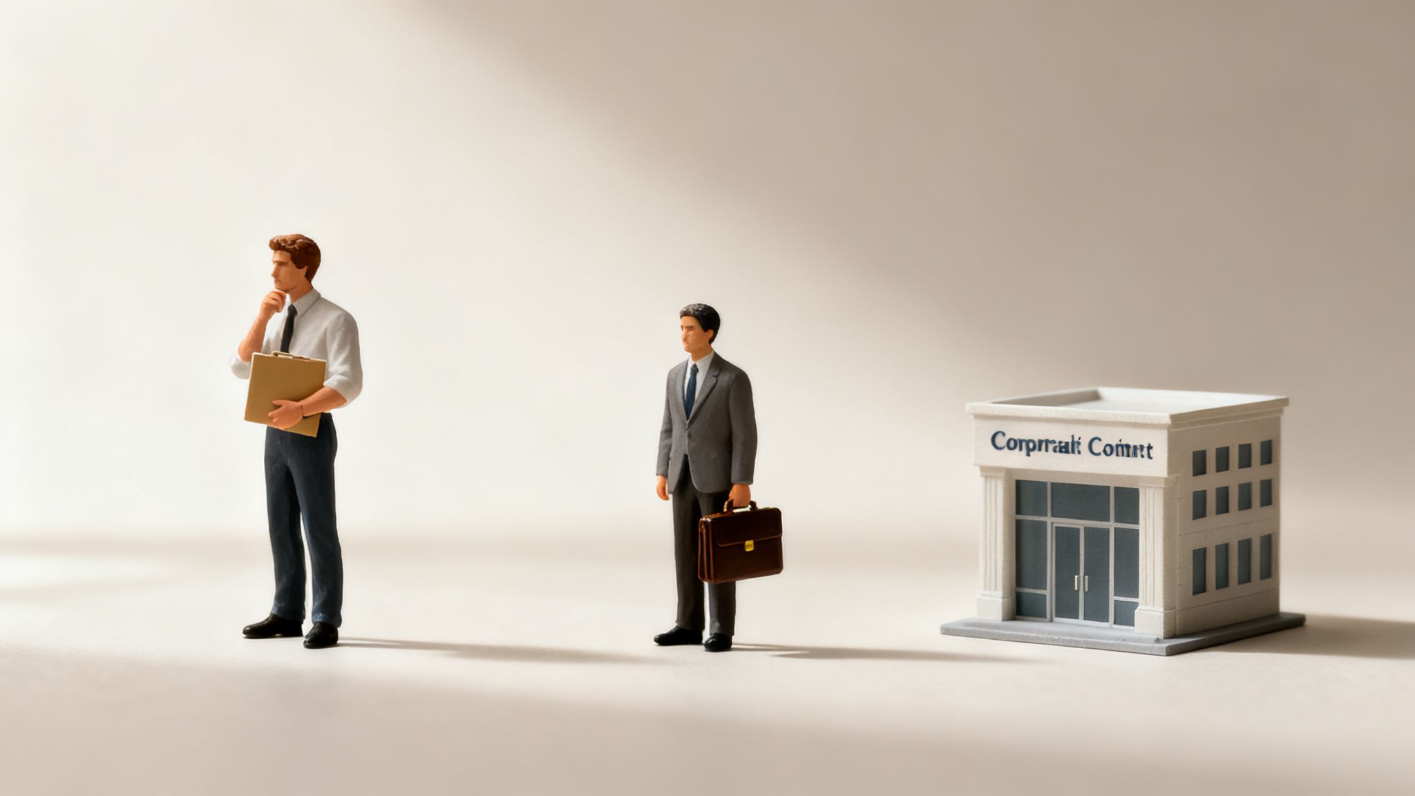 Two miniature men, one contemplative, the other with a briefcase, next to a corporate building.