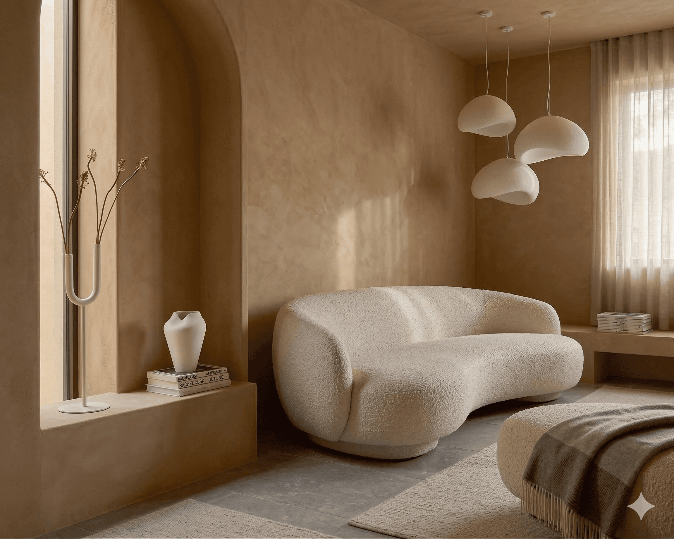 Warm-toned restaurant lounge with sculptural wooden ceiling panels, pendant lighting, caramel leather seating, and abstract wall art.