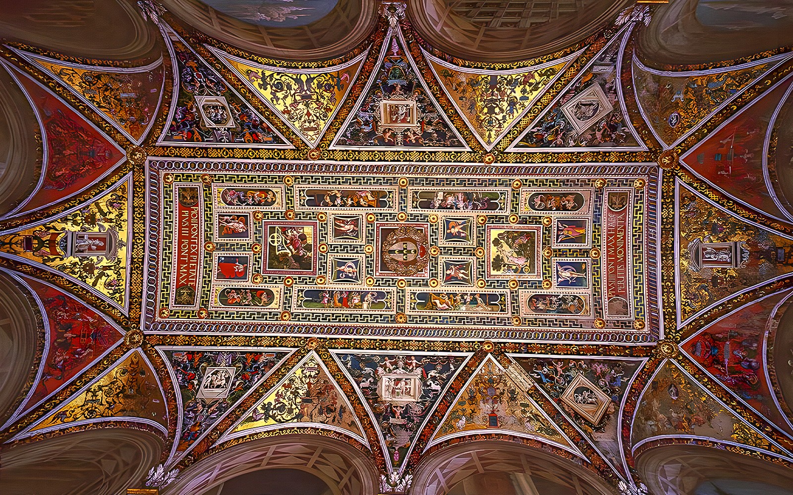 Ceiling frescoes of Siena Cathedral, Italy, showcasing intricate religious artwork.