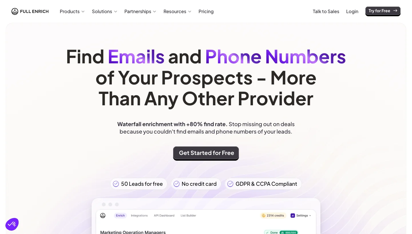 FullEnrich homepage: waterfall contact enrichment across 15+ data providers