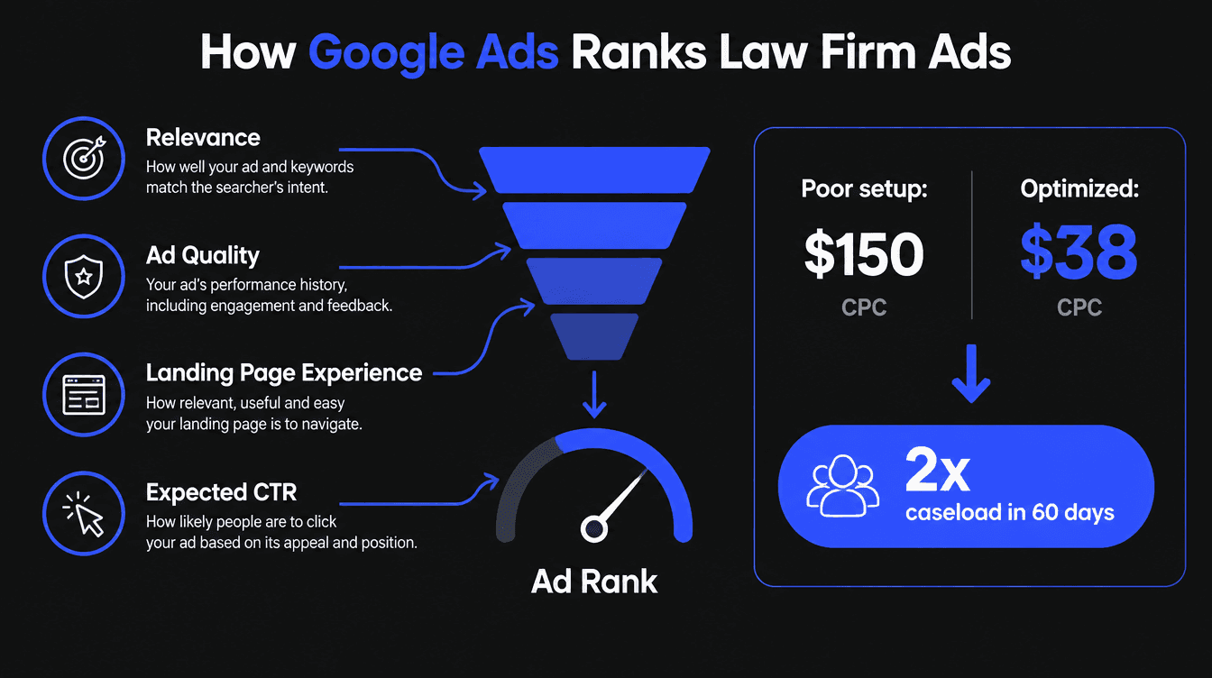Infographic showing how Google Ads ranks law firm ads by relevance, ad quality, landing page experience and expected CTR