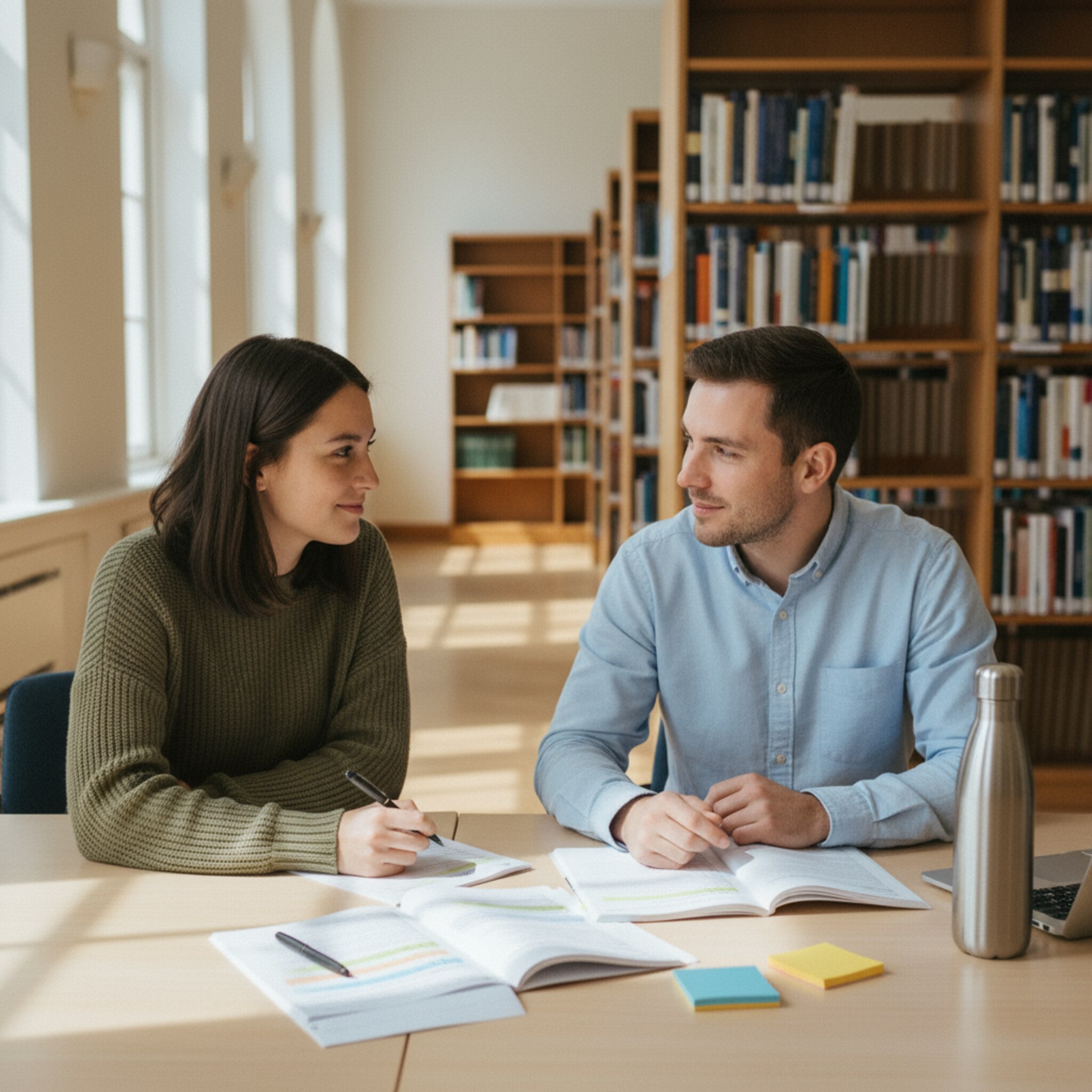 At a simple consultation table, two people sit facing each other. Between them are printed guides, highlighted chapters, and a prepared form. The shelves behind them look tidy and welcoming. A brief exchange of glances signifies understanding, and then a note is added to the paper.