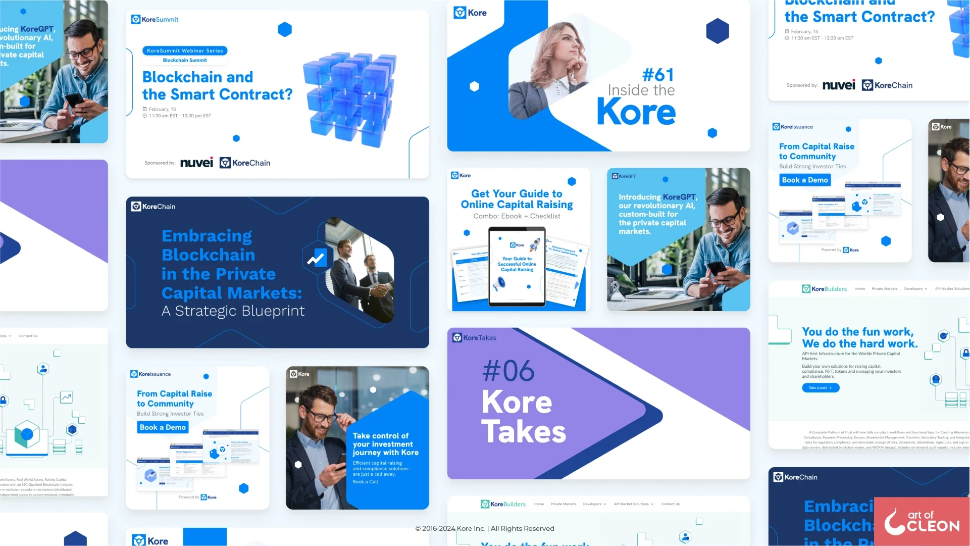 A collage of Kore social media designs: webinar promotions, KoreTakes graphics, an e-book campaign, and product announcements in blue, purple, and white.