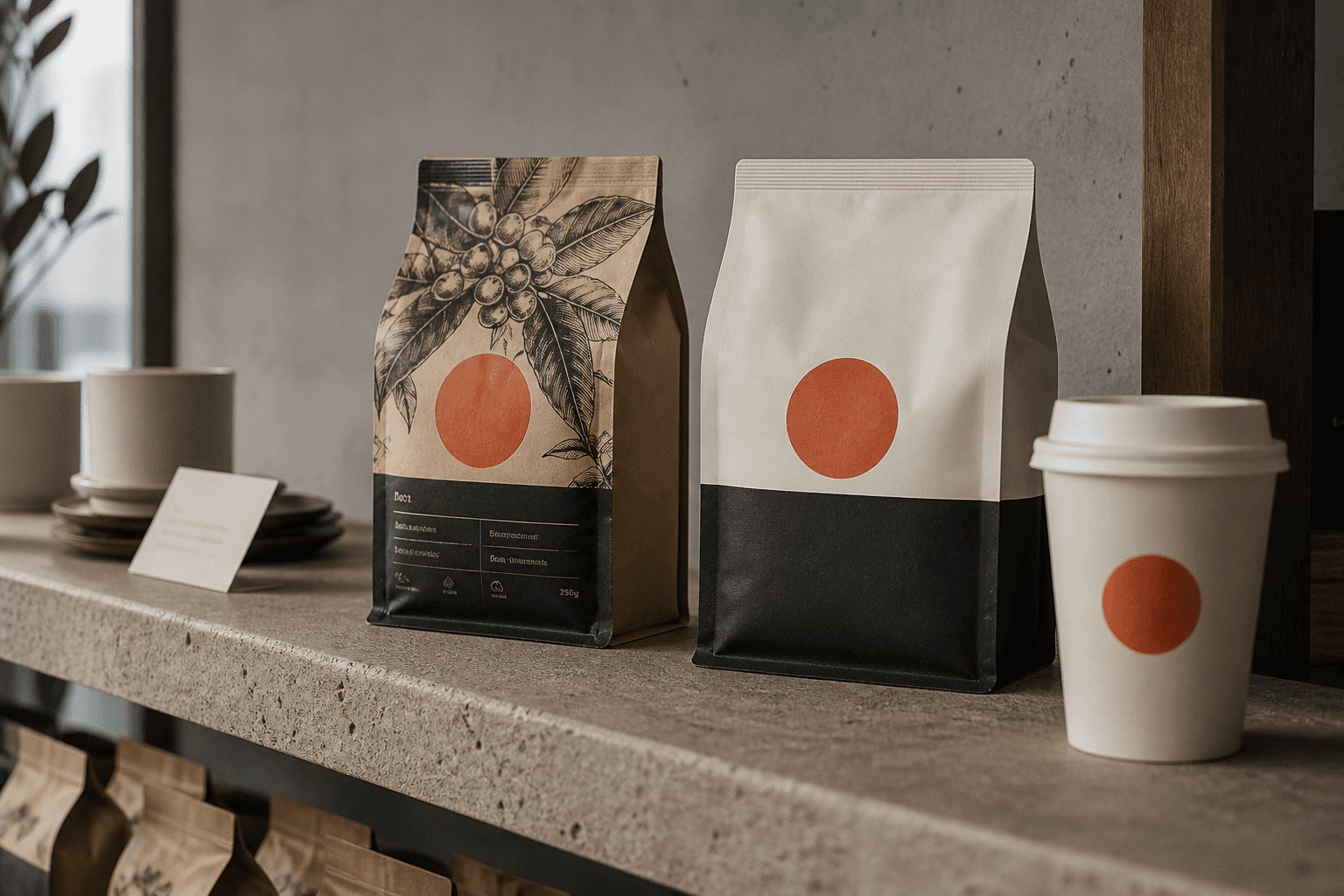 Two generations of coffee packaging preserving the same orange recognition symbol