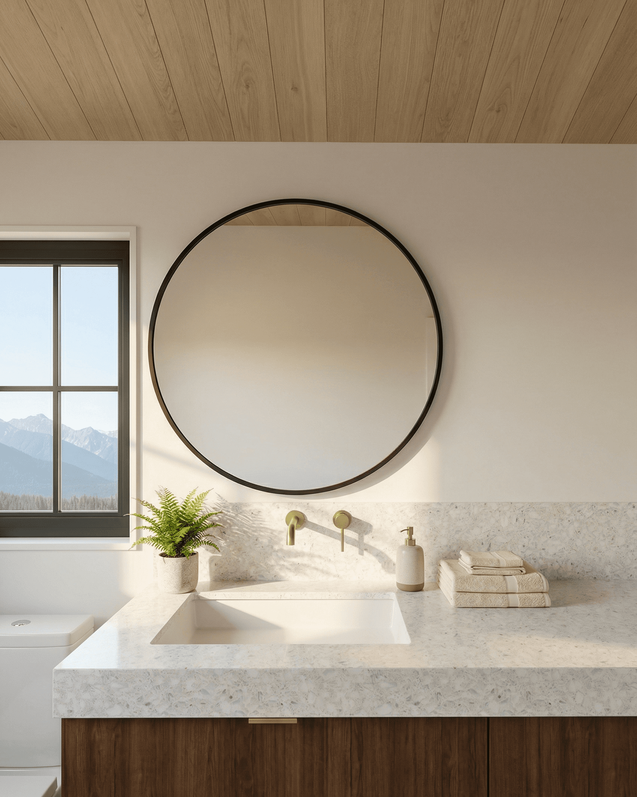 Minimal cabin bathroom vanity with round black mirror, white stone countertop, brass wall-mounted faucet, wood cabinetry, and soft natural light.